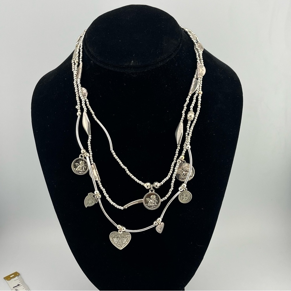 Silver Tone Multi-Strand Heart Cupid Charms Necklace 10" Layered